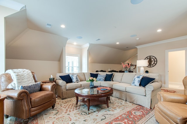 living room featuring crown molding and lofted ceiling