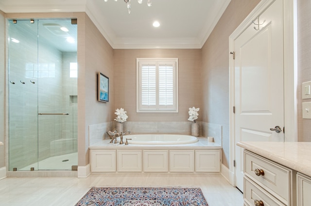 bathroom featuring tile patterned floors, vanity, shower with separate bathtub, and ornamental molding