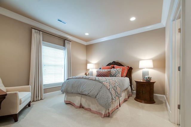 bedroom featuring light carpet and ornamental molding