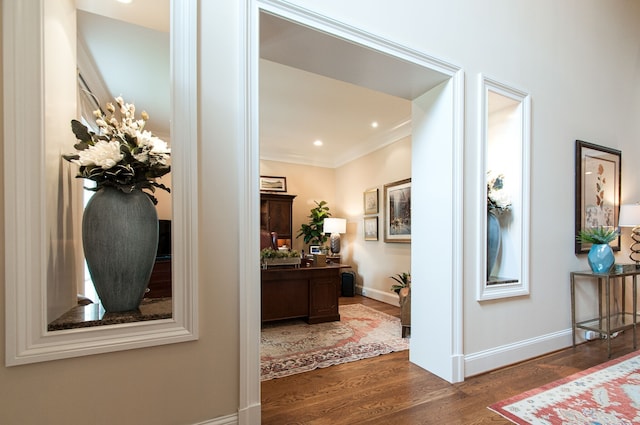 hall with crown molding and dark hardwood / wood-style floors