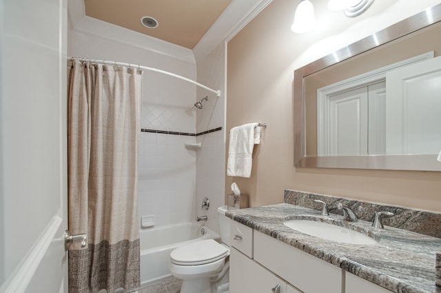 full bathroom with vanity, toilet, and shower / bathtub combination with curtain