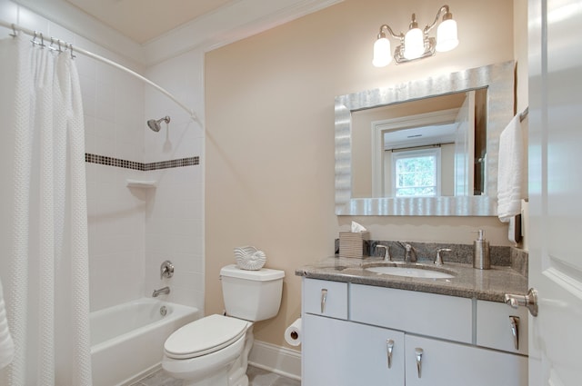 full bathroom with vanity, toilet, ornamental molding, and shower / bath combo with shower curtain