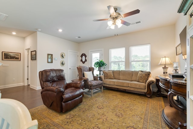 living room with ceiling fan and wood-type flooring