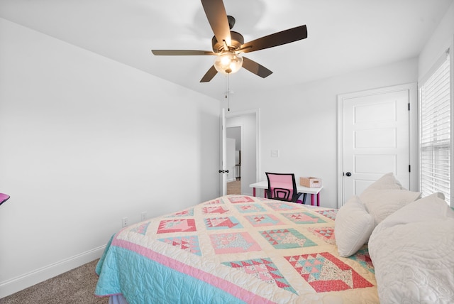 bedroom with ceiling fan and carpet