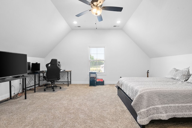 carpeted bedroom featuring lofted ceiling and ceiling fan