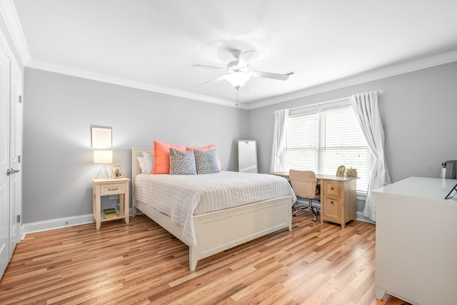 bedroom with a ceiling fan, light wood-style floors, baseboards, and ornamental molding