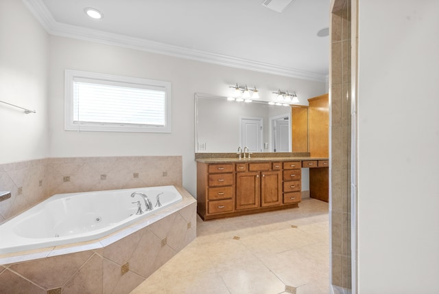 bathroom featuring tile patterned flooring, a tub with jets, vanity, and crown molding