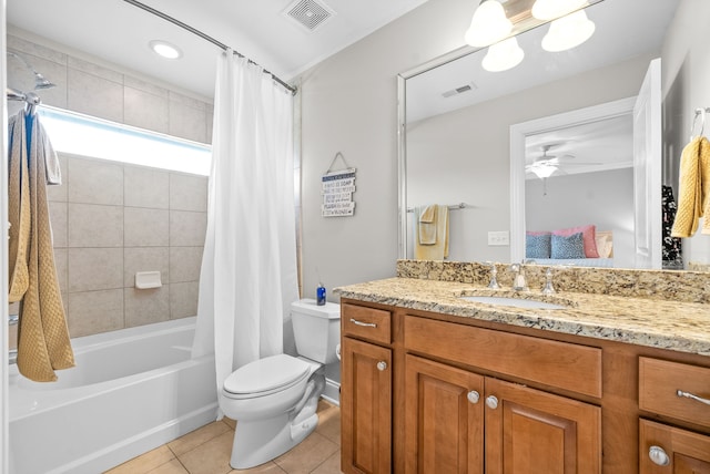 full bathroom with tile patterned floors, visible vents, toilet, and vanity