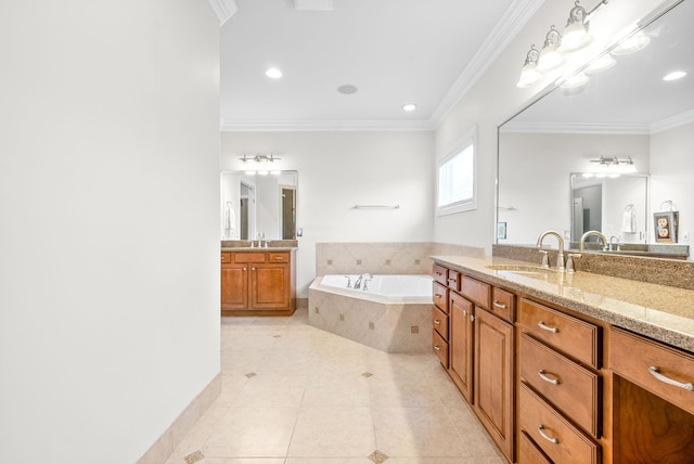 bathroom featuring tile patterned floors, a bath, crown molding, and a sink