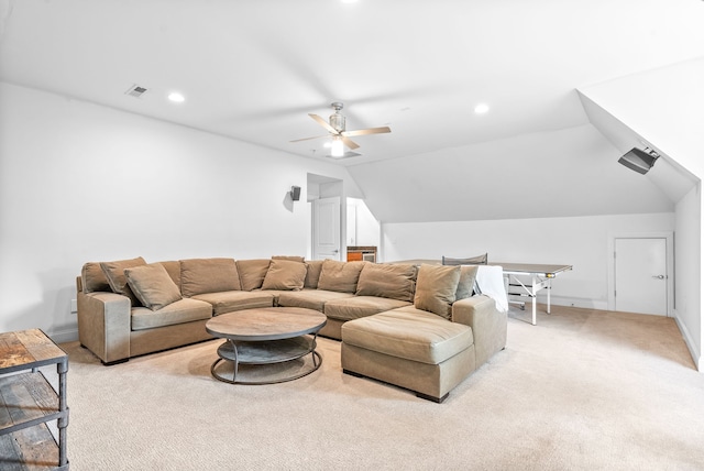 living area with visible vents, recessed lighting, light colored carpet, ceiling fan, and vaulted ceiling