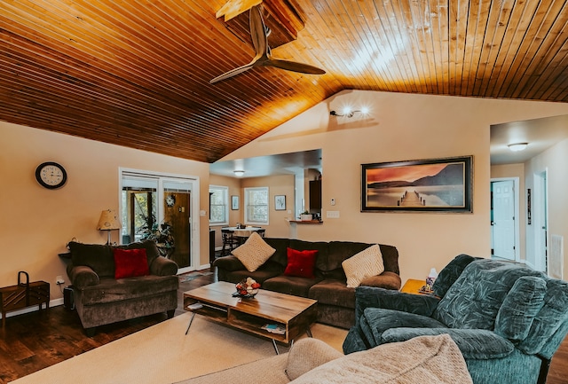 living room with lofted ceiling, ceiling fan, dark hardwood / wood-style flooring, and wooden ceiling