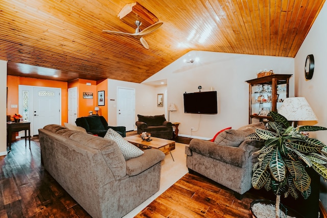 living room featuring dark wood-type flooring, vaulted ceiling, ceiling fan, and wood ceiling