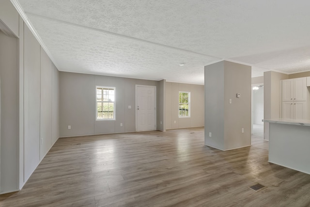 unfurnished living room featuring a textured ceiling and wood-type flooring