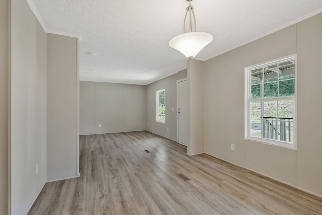 unfurnished room featuring a wealth of natural light, ornamental molding, light hardwood / wood-style floors, and a textured ceiling