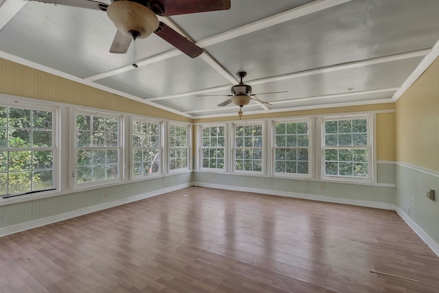 unfurnished sunroom with lofted ceiling and ceiling fan