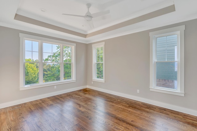 unfurnished room with ornamental molding, hardwood / wood-style floors, a tray ceiling, and ceiling fan