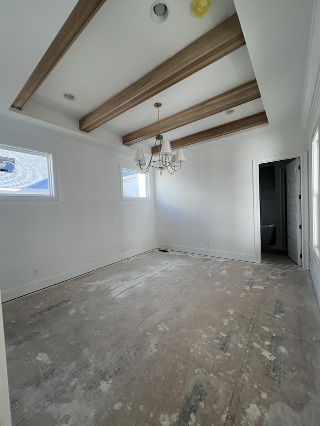 unfurnished dining area with beam ceiling, a wealth of natural light, and a notable chandelier