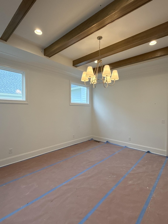 spare room with recessed lighting, beam ceiling, baseboards, and an inviting chandelier