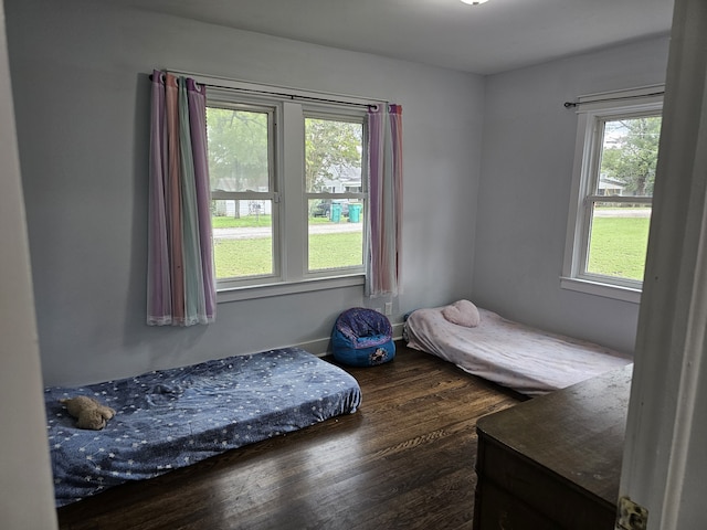 bedroom with dark hardwood / wood-style floors and multiple windows