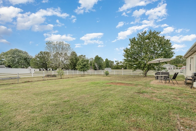 view of yard with a rural view and a patio