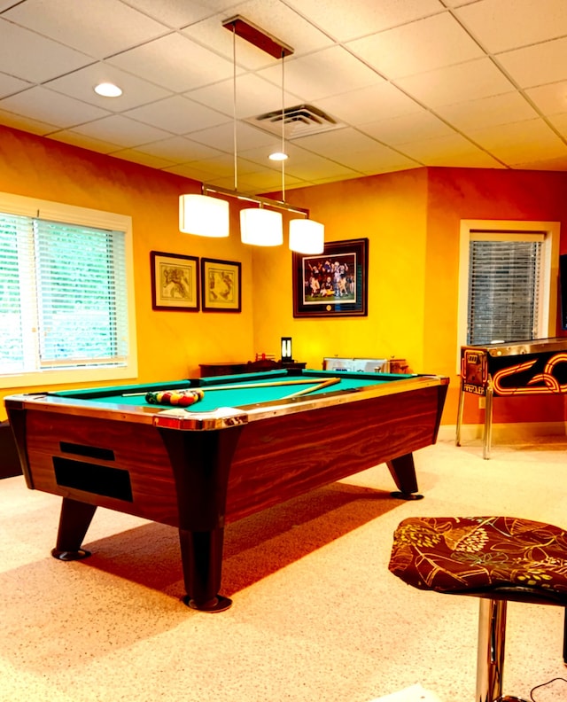 game room featuring billiards and a paneled ceiling