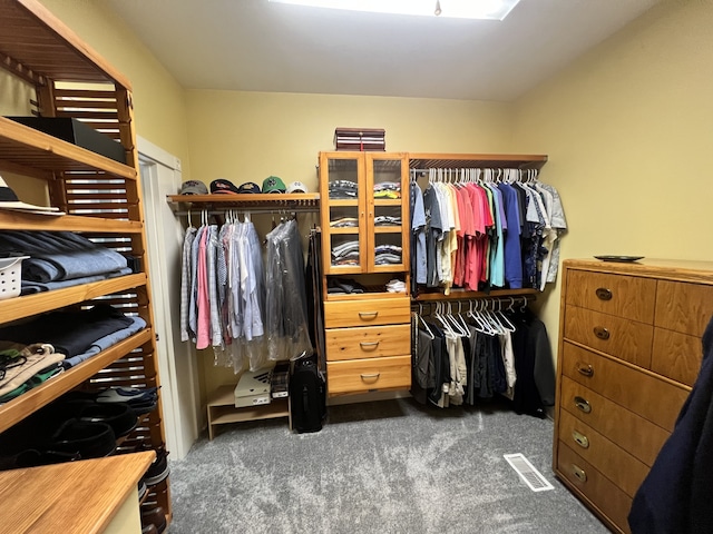 spacious closet with dark colored carpet