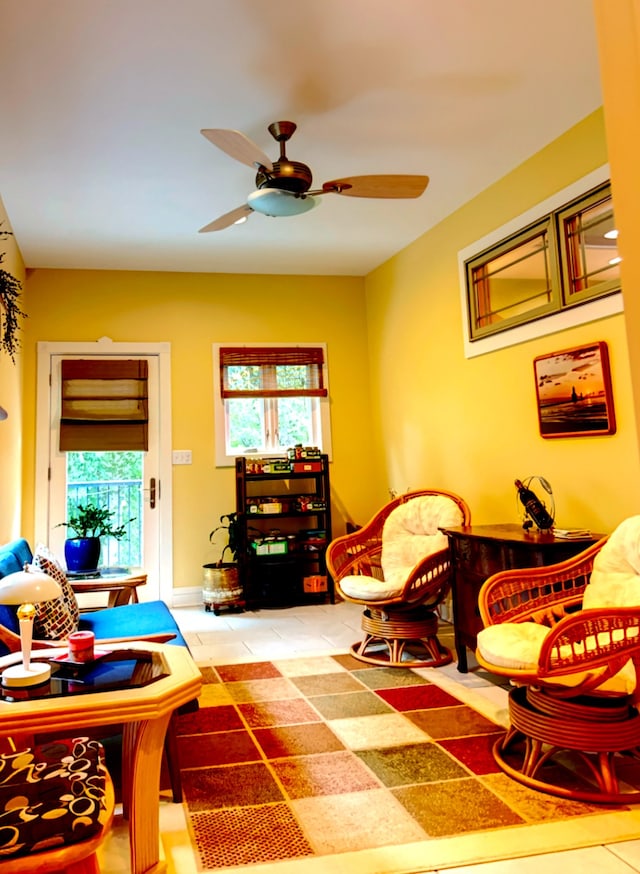 living room featuring ceiling fan