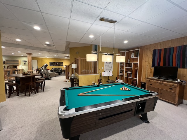 game room with billiards, light carpet, and a drop ceiling