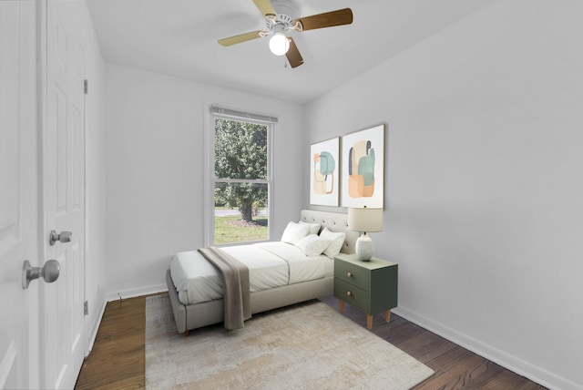 bedroom featuring ceiling fan and wood-type flooring