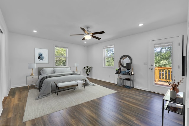 bedroom with access to exterior, multiple windows, and ceiling fan