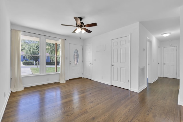 interior space with plenty of natural light, dark hardwood / wood-style floors, and ceiling fan