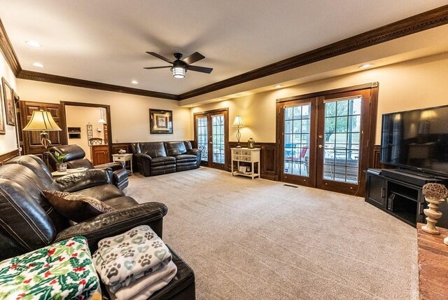 233 Nine Mile Cross Rd W, Pikeville, TN 37367 - carpeted living room with french doors, a ceiling fan, crown molding, and visible vents