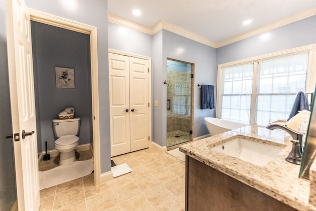 bathroom with toilet, an enclosed shower, tile patterned flooring, ornamental molding, and vanity