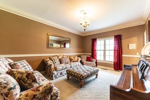 living room featuring a notable chandelier, light colored carpet, and crown molding