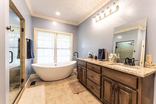 233 Nine Mile Cross Rd W, Pikeville, TN 37367 - bathroom featuring a sink, a freestanding tub, ornamental molding, and a shower stall