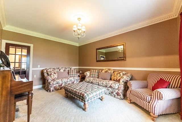 living room featuring ornamental molding, carpet floors, and an inviting chandelier