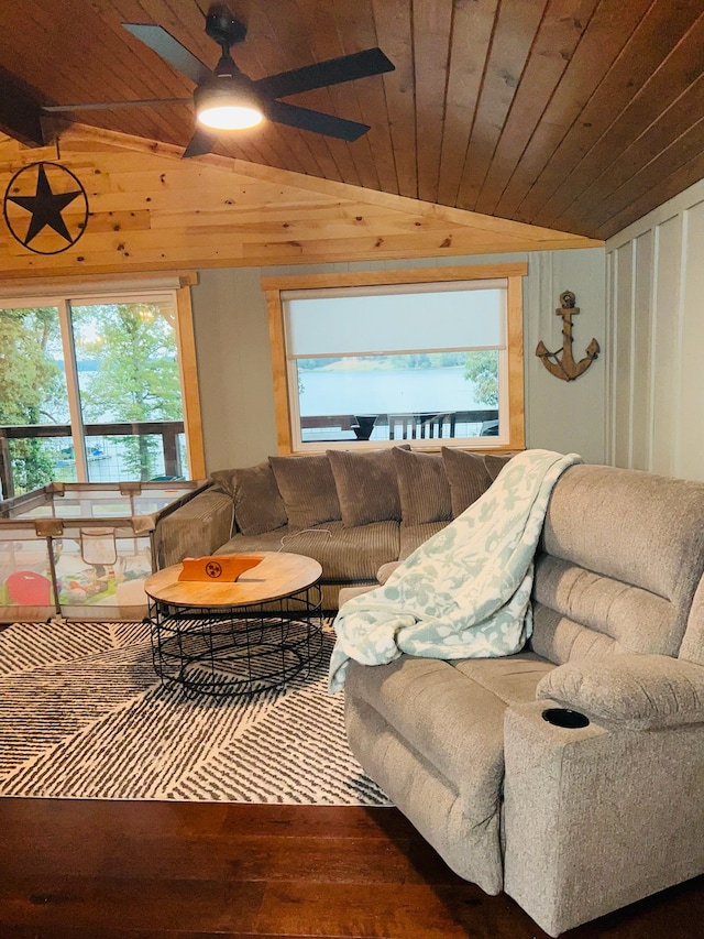 living room with ceiling fan, lofted ceiling, hardwood / wood-style floors, and wooden ceiling