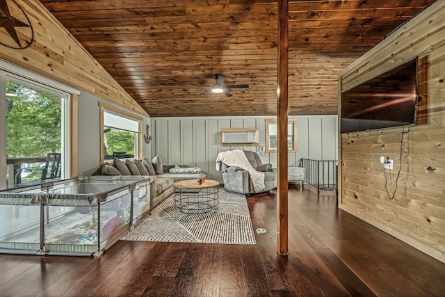 living room featuring wooden ceiling, ceiling fan, hardwood / wood-style flooring, and wooden walls