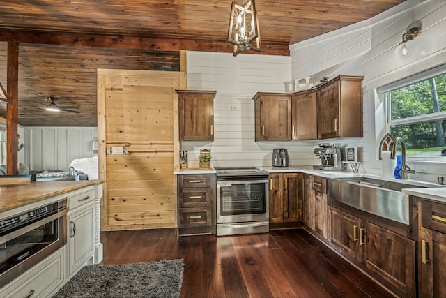 kitchen featuring appliances with stainless steel finishes, wood walls, sink, and wooden ceiling