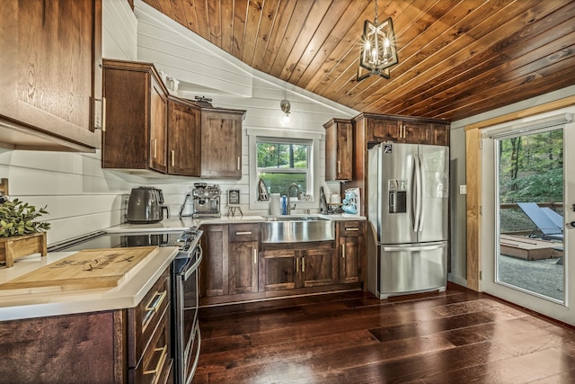 kitchen with a wealth of natural light, dark hardwood / wood-style floors, lofted ceiling, wood walls, and stainless steel appliances