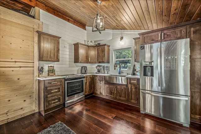 kitchen with wood walls, sink, appliances with stainless steel finishes, wooden ceiling, and dark hardwood / wood-style flooring