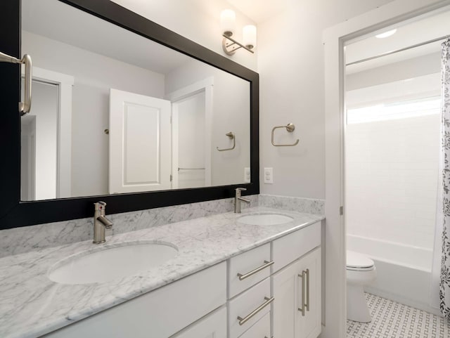 full bathroom with tile patterned flooring, vanity, shower / tub combo with curtain, and toilet