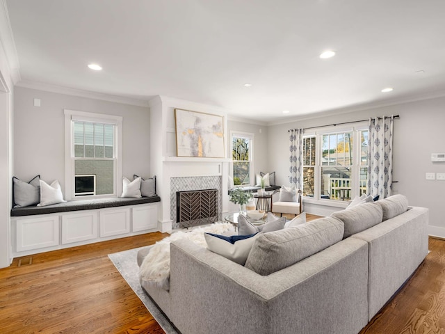 living room with light hardwood / wood-style flooring, a fireplace, and ornamental molding