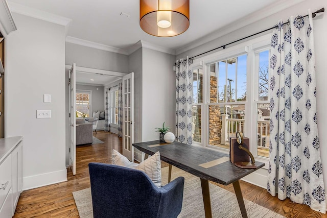 office space with crown molding and hardwood / wood-style flooring