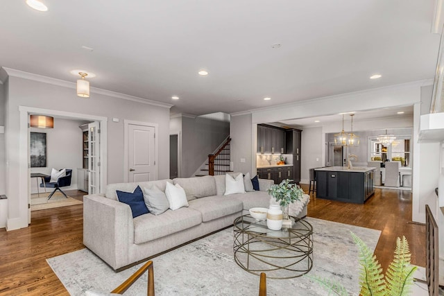 living room with dark wood-type flooring, crown molding, and sink