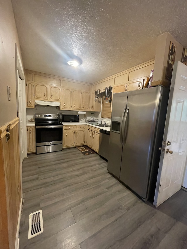 kitchen with a textured ceiling, light brown cabinetry, appliances with stainless steel finishes, dark wood-type flooring, and sink