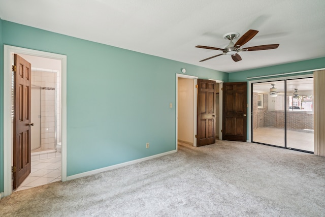 unfurnished bedroom featuring light colored carpet, ceiling fan, and connected bathroom