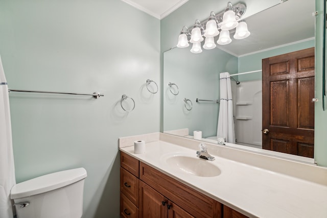 bathroom featuring crown molding, vanity, toilet, and a shower with curtain