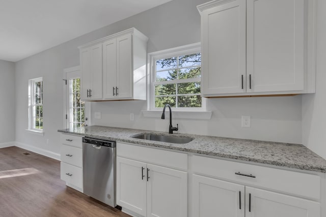 kitchen featuring sink, dishwasher, plenty of natural light, and white cabinets