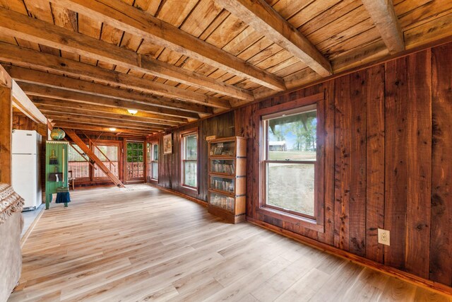 interior space with wood walls, wood ceiling, beamed ceiling, and light hardwood / wood-style flooring